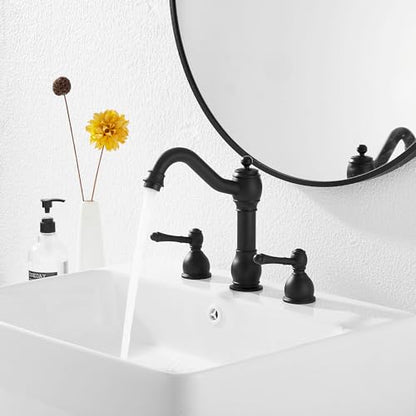 2 Handles 3 Holes Faucet Widespread Bathroom Sink Faucet Basin Tap Mixer Supply Hose Included Matching Pop Up Drain Matte Black - color: Black, size: Widespread