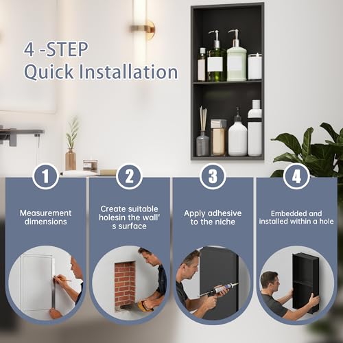 Shower Niche 24"×12" No Tile Needed, Matte Black Recessed Wall Niche, Stainless Steel, Waterproof Rust Resistant, 4in Deep for Bathroom Shower Room - size: 12"W x 24"H x 4"D