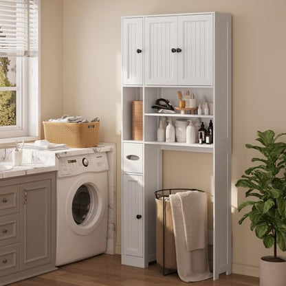 Over The Toilet Storage Cabinet, with Five Doors, White | Over Toilet Bathroom Organizer with Adjustable Shelves, Above Toilet Storage Cabinet for Bathroom, Restroom, Laundry
