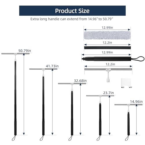 12-51’’ Telescopic Window Squeegee for High Windows, 2-in-1 Window Cleaning Kit with Extra Silicone Blade & Hook, Professional Squeegee for Shower Glass Doors (Window Squeegee for Home)