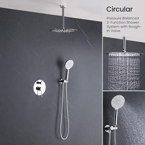 KIBI Circular Ceiling Mounted Shower System with 2-Function Faucet Set | Solid Brass Pressure Balanced Valve | Anti-Scald Design for Reliable Water Temperature Control (Chrome Finish, KSF408) - color: Chrome