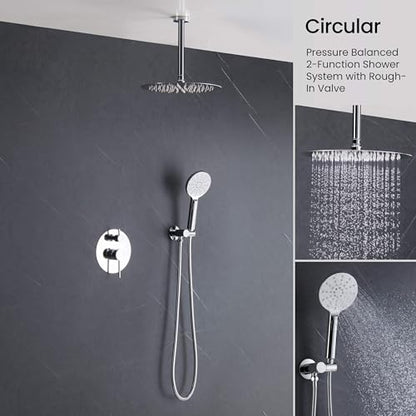 KIBI Circular Ceiling Mounted Shower System with 2-Function Faucet Set | Solid Brass Pressure Balanced Valve | Anti-Scald Design for Reliable Water Temperature Control (Chrome Finish, KSF408) - color: Chrome
