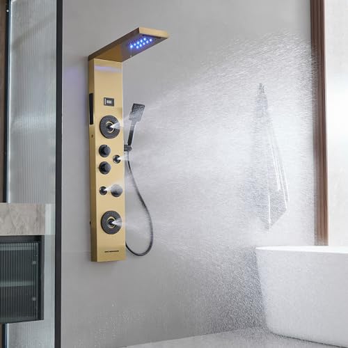 Brushed Gold Shower Panel LED Rainfall Waterfall Shower Head | 6 Functions,Rain Massage,Body Jets,Handheld Shower,Tub Spout,Temperature Display,Wall Mount, Stainless Steel Shower Panel - color: Brushed Gold, style: Shower Panel-LED