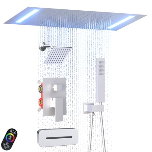 Enga Dual Rain Shower System with Up/Down Waterfall Bathtub Spout, Ceiling Mount 14 x 20 Inch LED Shower Head Rainfall Shower Faucet Set, Brushed Nickel - color: Brushed Nickel, style: 14X20" Led Shower - Tub Spout