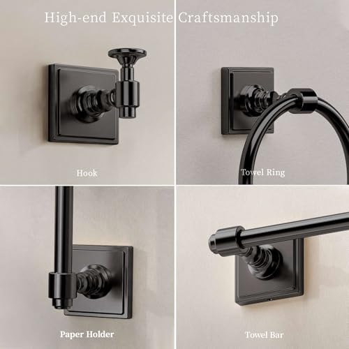VEHCIL Matte Black Bathroom Towel Bar Set, 5 Piece Bathroom Hardware Accessory Set, SUS304 Stainless Steel 24" Towel Rack Holder Set for Bathroom, Wall Mounted - color: Matte Black