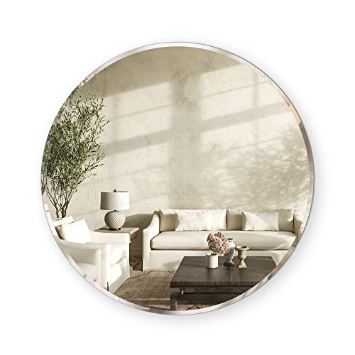 42 Inch Round Frameless Bathroom Vanity Mirror with Beveled Edge - Shatterproof Circle Wall Mounted Decorative Glass with Safety Backing for Living Room Bedroom Hallway Entryway - Fab Glass and Mirror - size: 42"L x 42"W, style: Round