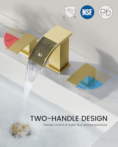 gotonovo Waterfall Bathroom Faucet 3 Hole Square Body,Brushed Gold | SUS304 8’’ Widespread Bathroom Sink Faucet,2.17’’ Wide Spout,24’’ cUPC Hose,Pop Up Drain,2 Handle,Vanity,Lavatory,Basin,RV - color: Gold