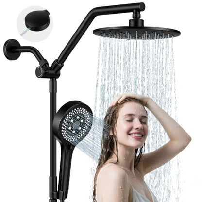 Shower Head with Handheld Combo High Pressure Black, Adjustable Bar | No drilling required, Height-Adjustable, 9-inch rainfall head, silicone slide bar, 3-waydiverter, 59-inch hose, G1/2 fit - color: 1-Black