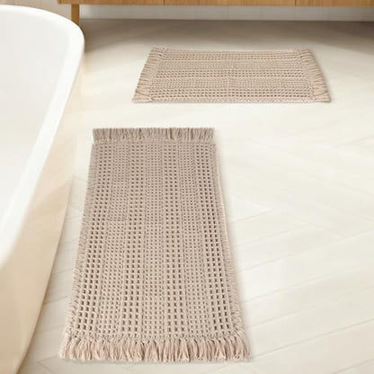 Waffle Bath Mat Set of 2, Absorbent Waffle Bathroom Rug with Tassels, Non Slip Bath Mats for Bathroom Floor, Ultra Soft Boho Bath Mat, Quick Dry Shower Mat, Machine Washable, 17"×24" & 18"×30", Khaki - size: 17" x 24"+18" x 30"