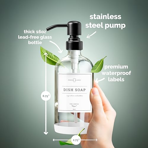 Vine Creations Clear Glass Soap Dispenser, 2 Pack Kitchen Soap Dispenser Set with Stainless Steel Pump, 16 oz Dish Soap and Hand Soap Dispensers for Bathroom with Waterproof Labels - color: Clear Bottle / Matte Black Pump