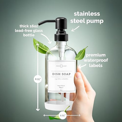 Vine Creations Clear Glass Soap Dispenser, 2 Pack Kitchen Soap Dispenser Set with Stainless Steel Pump, 16 oz Dish Soap and Hand Soap Dispensers for Bathroom with Waterproof Labels - color: Clear Bottle / Matte Black Pump
