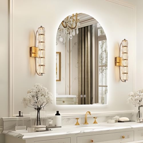 Niccy Arched LED Bathroom Mirrors, Frameless Backlit Vanity Mirror, 36"x24" | Wall Mounted Arch Mirror with Defogger & 3 Color Light, Explosion-Proof HD Glass, IP65 Waterproof for Bathroom - size: 36"L x 24"W