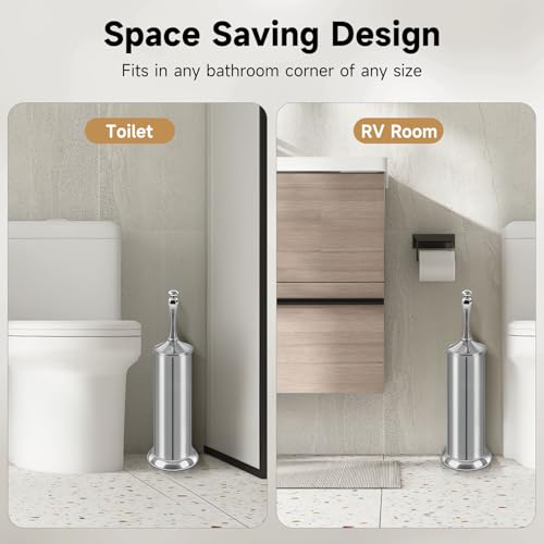 Silver Toilet Brush and Holder，Extra Long Handled Toilet Brush for Bathroom，Stainless Steel Heavy Duty Toilet Bowl Brush,Deep Cleaning Modern Toilet Cleaner Brush -Space Saving, Covered Brush - color: Silver