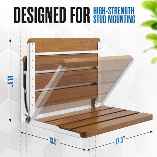 Folding Shower Bench, Folding Shower Seat Wall Mounted Wall Bench 17.5 Inch | Houseables Foldable Teak Chair, Fold Down/Up, Inside, Teakwood, for Adults, Elderly, Waterproof, Stainless Steel Frame