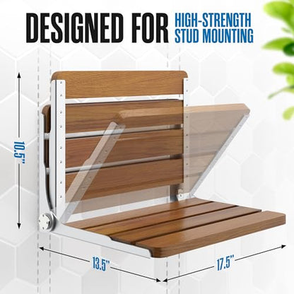 Folding Shower Bench, Folding Shower Seat Wall Mounted Wall Bench 17.5 Inch | Houseables Foldable Teak Chair, Fold Down/Up, Inside, Teakwood, for Adults, Elderly, Waterproof, Stainless Steel Frame