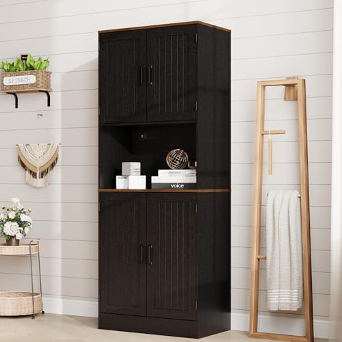 MHOM 71" Tall Pantry Cabinet with Charging Station, Farmhouse Kitchen Hutch with Adjustable Shelves, Modern Kitchen Pantry Storage Cabinet for Dinning Room & Living Room, Antique Black - color: Black