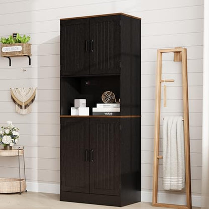 MHOM 71" Tall Pantry Cabinet with Charging Station, Farmhouse Kitchen Hutch with Adjustable Shelves, Modern Kitchen Pantry Storage Cabinet for Dinning Room & Living Room, Antique Black - color: Black