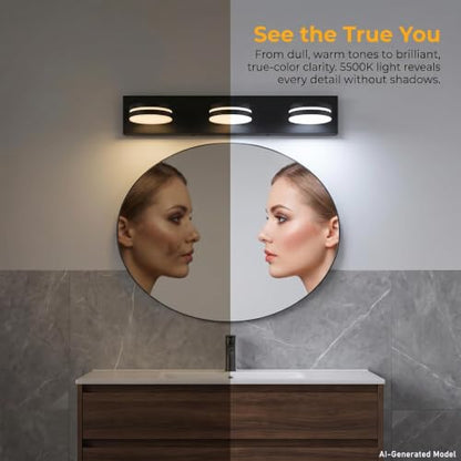 3-Light Bathroom Vanity Light Over Mirror, (24inch Dimmable) Matte Black LED Vanity Lighting Fixtures, Modern Bathroom Wall Light Fixtures with 360°Rotating Lamp Head (Cool White 5500K) - color: Matte Black-Dimmable
