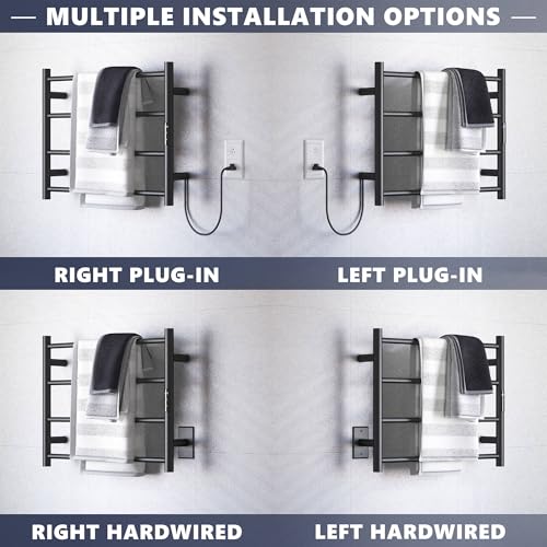Sharpeye Towel Warmer Rack with 24hr Timer, 4-Bar Matte Black Heated Towel Rack for Bathroom, Plug-in/Hardwired, Electric Towel Warmer with Temperature Controls