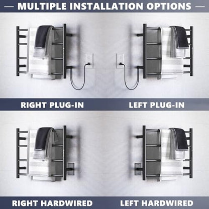Sharpeye Towel Warmer Rack with 24hr Timer, 4-Bar Matte Black Heated Towel Rack for Bathroom, Plug-in/Hardwired, Electric Towel Warmer with Temperature Controls