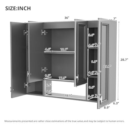 Marzzi 36" x 28" Bathroom Medicine Cabinet with Open Shelf | Wall Mounted Bathroom Storage Cabinet with Adjustable Shelves, Over The Toilet Wall Cabinet, Painted Finish - color: Grey
