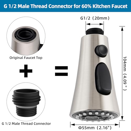 Kitchen Faucet Head Replacement with 15 Adapter Kit, Brushed Nickel | Compatible with American Standard/Kohler/Moen/Delta Faucets, 3 Function Pull Down Sink Faucet Spray Head