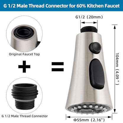 Kitchen Faucet Head Replacement with 15 Adapter Kit, Brushed Nickel | Compatible with American Standard/Kohler/Moen/Delta Faucets, 3 Function Pull Down Sink Faucet Spray Head