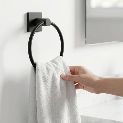 24-Inch Wall Mounted Towel Racks for Bathroom – Space Saver 4-Piece Durable Stainless Steel Bathroom Hardware Set with Towel Bar, Towel Ring, Toilet Paper Holder & Hook, Matte Black - color: Black