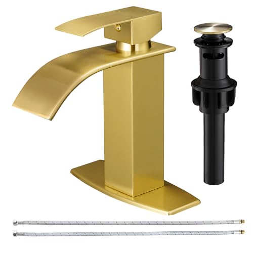 Bathroom Faucet 1 Hole Waterfall Vanity Sink Faucet Brushed Gold | One Hole Bathroom Sink Faucet, Square Single Handle, 6 Inch Deck Plate For 3 Hole, Supply Line, Pop-up Drain,Fits RV Restroom - color: Brushed Gold, style: Short - With Pop Up Drain