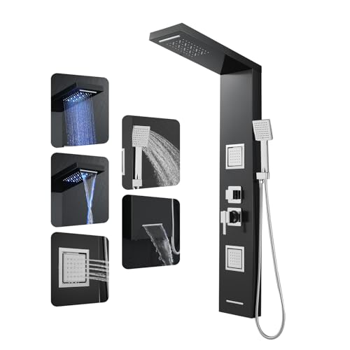 ROVOGO Shower Panel Tower System with Led Lights - Battery Powered, 46.5" | Rainfall Waterfall Shower Head, 2 Body Jets, Handheld and Tub Spout, Stainless Steel Shower Column with Brass Valves, Black - color: Black-2 jets
