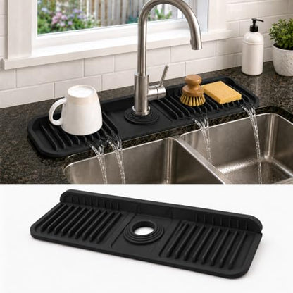 17" Silicone Faucet Handle Drip Catcher Tray,7° Sloped Self Draining Mat with Snap-on Design & Soap Holder, Sink Splash Guard for Kitchen & Bathroom, Trim-to-Fit Opening - color: Black, size: 17" x 5.5"