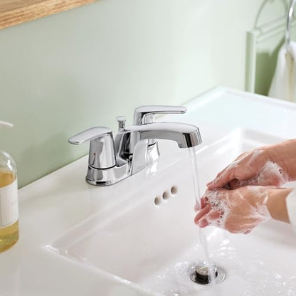 Moen Chateau Chrome Two-Handle Centerset Bathroom Faucet with Metal Drain Assembly, 499525