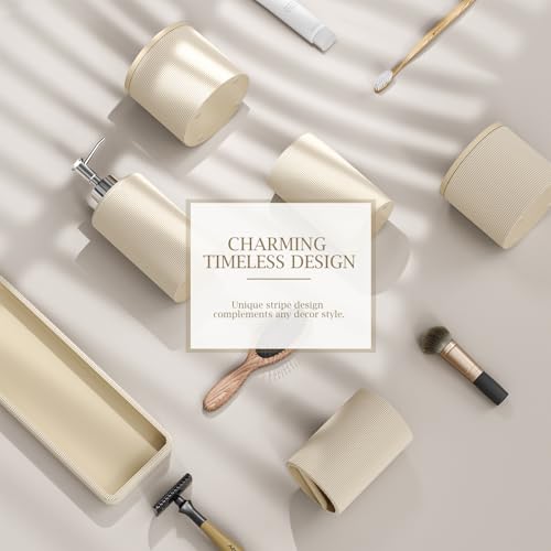 6-Piece Beige Bathroom Set - Mesh Textured Resin Bathroom Accessories Set with Soap Dispenser, Toothbrush Holder, Cup, Vanity Tray & Apothecary Jars for Small Spaces - color: Beige - Mesh Textured
