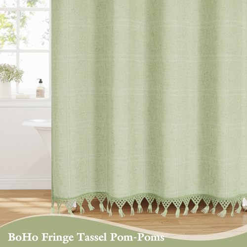 Linen Boho Farmhouse Shower Curtain Set with Tassel, Modern Bohemian French Country Chic Bathroom Shower Curtain Set with PEVA Liner, Cotton Luxury Fabric Shower Curtain,72x72 - Green - color: Green, size: 72"W x 72"L (Pack of 1)