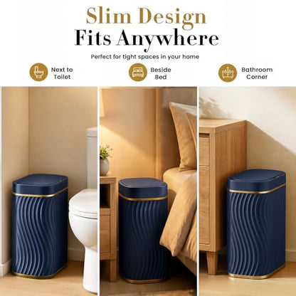 Ogikey Bathroom Small Trash Can with Automatic Touchless Lid, 2.6 Gallon Smart Garbage Can Narrow Waterproof Trash Bin for Bedroom, Office, Living Room - color: 2.6 gallon-Gold Blue
