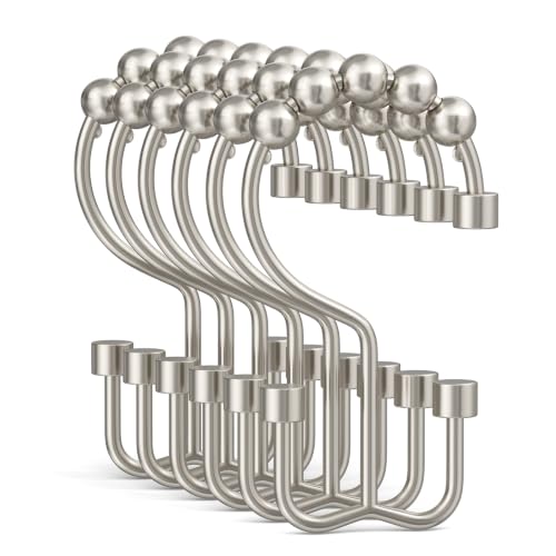 Bathway Nickel Shower Curtain Hooks, 12 Pcs Double Sided Shower Hooks, Rust Proof Metal Shower Hooks for Bathroom, Modern Shower Rings with Cylinders for Shower Curtain & Liners - color: Nickel, style: Modern Shower Hooks with Cylinders