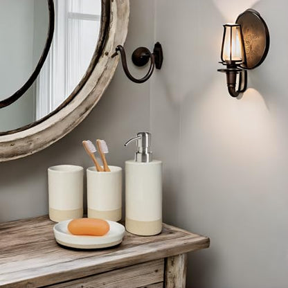 Bathroom Accessories Set 4, Beige Soap Dispenser for Bathroom, Toothbrush Holder,Tumbler Cup and Soap Dish, New Apartment Essentials, Modern Beige Bathroom Décor (Rustic) - style: Rustic