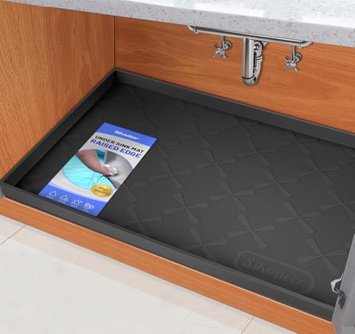 Waterproof Under Sink Mat 22" x 22" Silicone Mat Cabinet Protector | Heavy Duty Kitchen Cabinet Liner, Easy Press Drain, Home Essentials for Pet Feeding, Boots, Bathroom, Organizers & Storage - color: Black, size: 22"W x 22"L