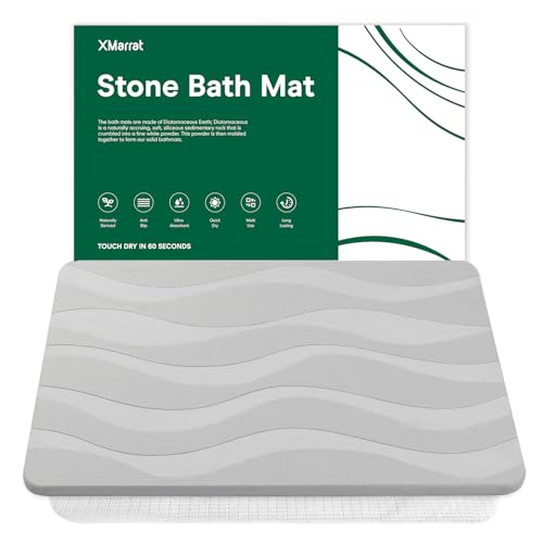 Stone Bath Mat, Diatomaceous Earth Shower Mat, 23.6" x15.4'' | Super Absorbent, Modern Quick Drying Diatomite Bathmats, Non-Slip Base, Easy Clean for Shower Floor & Bathroom (Light Gray) - color: Light Grey Wave, size: 23.6" x 15.4" (Rectangular)