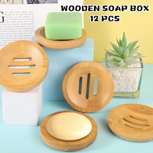 12 Pcs Round Bamboo Soap Dishes Self Draining Wooden Soap Holder Bar Soap Tray for Bathroom Kitchen Shower Sink