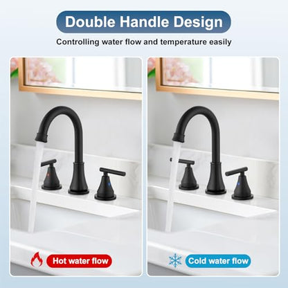 Widespread Bathroom Faucet 3 Hole, 8 inch Bathroom Sink Faucet with Pop-up Drain and Supply Lines, Two Handles, Stainless Steel, Matte Black - color: Matte Black