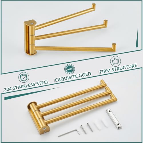 Brushed Gold Swivel Towel Rack with 3 Rotating Arms, Wall Mounted | 304 Stainless Steel, Rust-resistant for Bathroom, Kitchen, 180° Rotatable & Foldable Towel Holder, Space-saving Wall Mounted - color: Brushed Gold