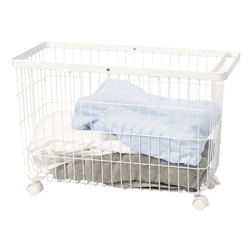 Yamazaki Home Rolling Laundry Basket, Short, Wheeled Hamper, Steel, White | Small metal laundry hamper cart features smooth-rolling wheels and a convenient built-in handle. Suits modern home storage. - color: White