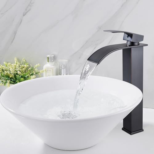 Midanya Waterfall Tall Bathroom Vessel Sink Faucet,Oil Rubbed Bronze | with 24” cUPC Water Hoses,Pop Up Drain without Overflow,for 1 hole Vanity,RV,Lavatory,Bowl,Farmhouse,SUS304,Single Handle - color: Bronze