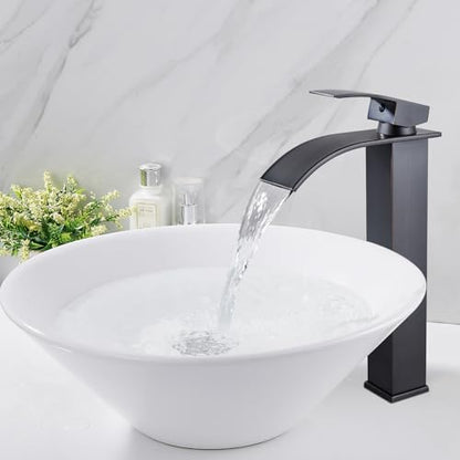 Midanya Waterfall Tall Bathroom Vessel Sink Faucet,Oil Rubbed Bronze | with 24” cUPC Water Hoses,Pop Up Drain without Overflow,for 1 hole Vanity,RV,Lavatory,Bowl,Farmhouse,SUS304,Single Handle - color: Bronze