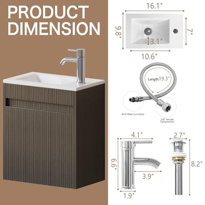 wonline 16" Small Bathroom Vanity Sink Combo Modern Wall Mounted Floating Cabinet W/Resin Basin Sink Top, Chrome Water Save Faucet & Pop Up Drain - color: Brown Wood Grain