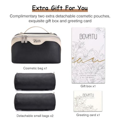 BOYATU Travel Makeup Bag Organizer Cosmetic Bag: 3 Pcs Set Make up Bags for Women with Handle - Waterproof Vegan Leather Toiletry Bags Travel Essentials Pouch with Compartments (A-01-Black) - color: 02-C-Black