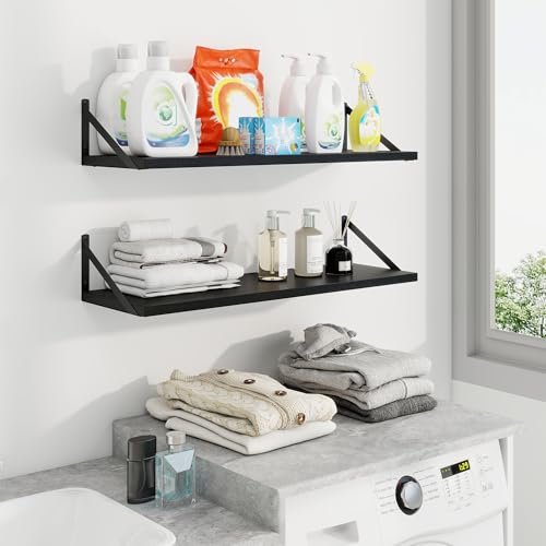 30 Inch Floating Shelves, 10 Inch Deep Black Wall Shelves Set of 2 | 30'' x 10'' Rustic Wood Shelves with Heavy Duty Brackets, Deep Shelves for Bathroom, Living Room, Engineered Wood, 40LBS - color: Black, size: 30W x 10D