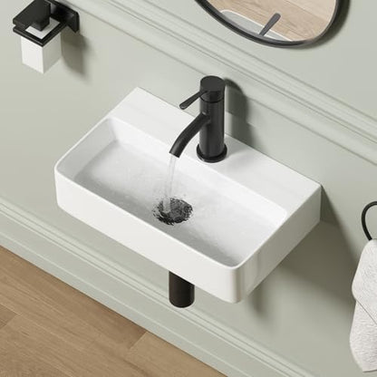 Wall Mounted Bathroom Vessel Sink, QISHKA 18" X 11" Rectangular Floating Ceramic Wash Hand Basin White Wall Hung Vanity Sink for Bathroom and Cloakroom - size: 18" x 11" x 4.3"
