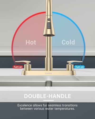 DAYONE 2 Handle Kitchen Faucet with Pull Down Sprayer Brushed Gold, 4 Holes Sink Faucets for Kitchen/RV with Soap Dispenser Stainless Steel - color: Brushed Gold, style: 4 Holes Pull Down
